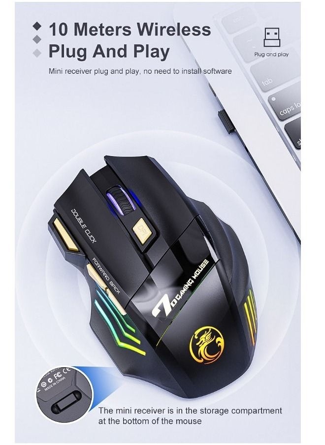 iMice - Wireless Mute Gaming Mouse 7 Programmable Buttons - Mechanical  Switches  With Lights Black - Image 1