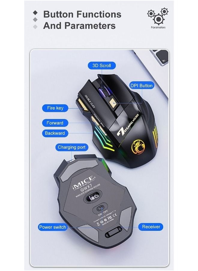iMice - Wireless Mute Gaming Mouse 7 Programmable Buttons - Mechanical  Switches  With Lights Black - Image 1