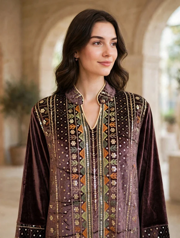 اكسا جلابية ملابس شتوية مخمل مطرزة بالترتر والنقوش الهندسية للنساء من إكسا IKW1160