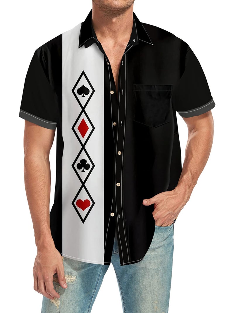 Ecosunny Bowling Shirts for Men Hawaiian Short Sleeve Button Down Shirt Poker Symbols Printed Summer Casual Beach Aloha Shirts - Image 2