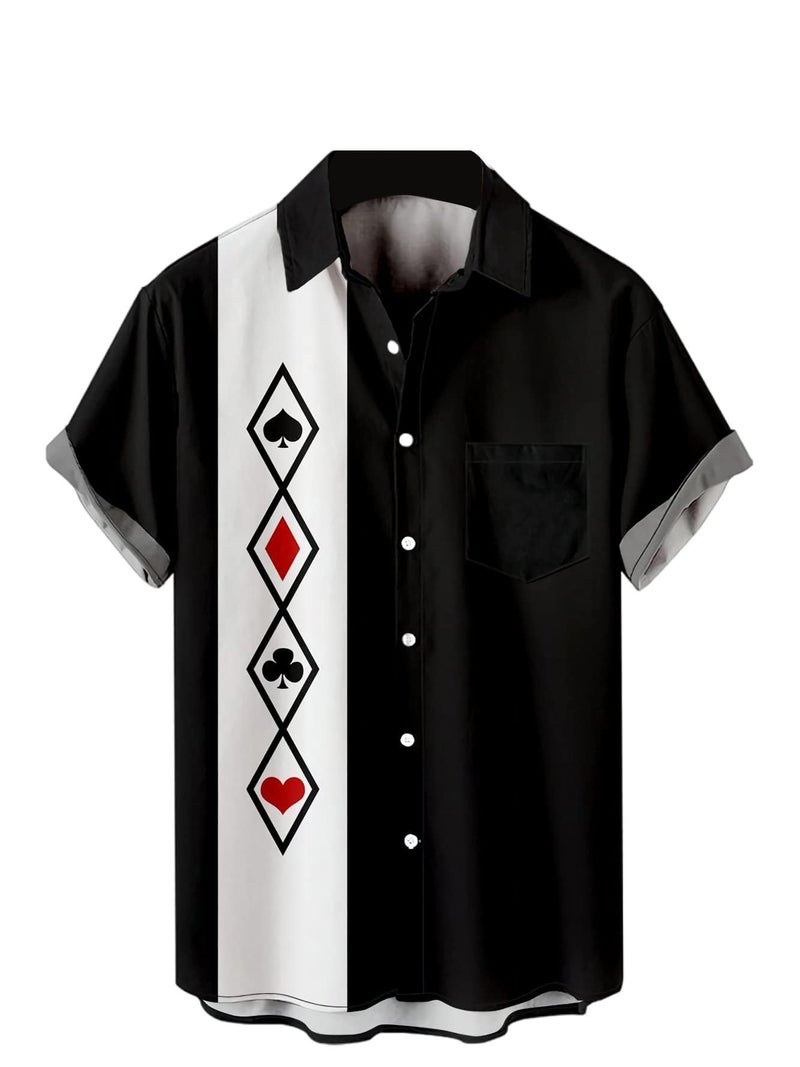Ecosunny Bowling Shirts for Men Hawaiian Short Sleeve Button Down Shirt Poker Symbols Printed Summer Casual Beach Aloha Shirts - Image 1