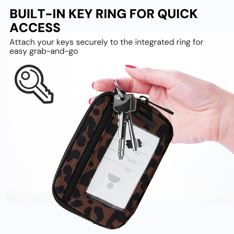 YDF The Iris Wallet for Women Mini Zip Card Case with Clear ID Window Zipper Coin Purse Lightweight Portable Keychain Wallet (Brown Leopard Print) - Image 5