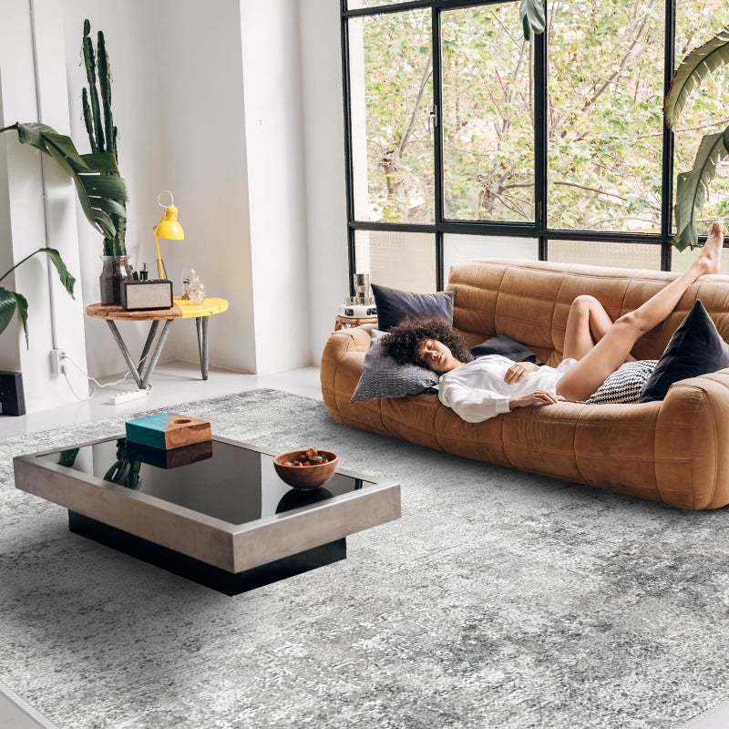 RUUGME Washable 9X12 Rug Abstract - Living Room Bedroom Large Area Rug Indoor Farmhouse Stain Resistant Carpet Non-Slip Machine Washable Distressed Soft Room Decor 9X12 Grey - Image 2