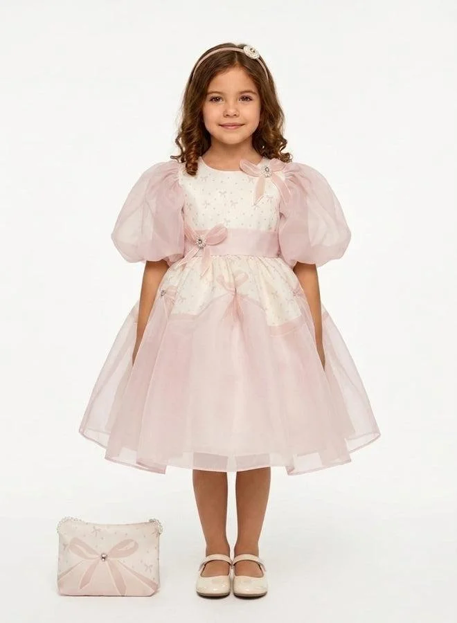 فيا بامبينو Blush Bow-Print Organza Puff-Sleeve Dress 3400