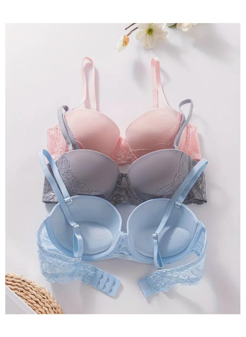 Generic 3 Pieces Women Bra Ladies Push Up Bra Half Cup Underwire Bra High Support Non Removable Pads  - Image 1