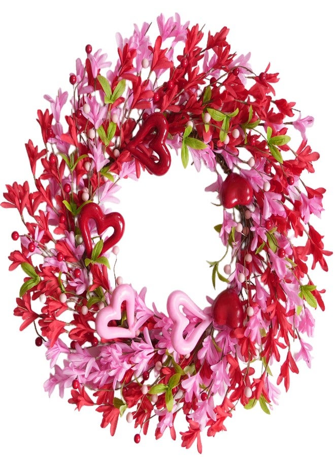 TEMPUS 20 Inch Openwork Heart Shaped Wreath for Spring Pink & Red Forsythia with Heart Berries for Front Door-Love Decor for Mothers Day Anniversary Party - Image 1