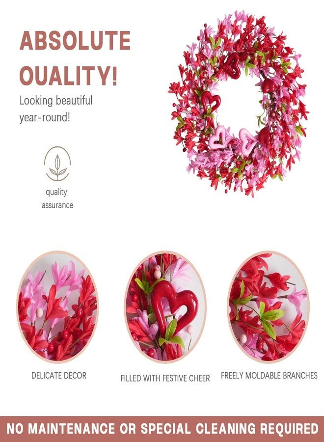 TEMPUS 20 Inch Openwork Heart Shaped Wreath for Spring Pink & Red Forsythia with Heart Berries for Front Door-Love Decor for Mothers Day Anniversary Party - Image 2