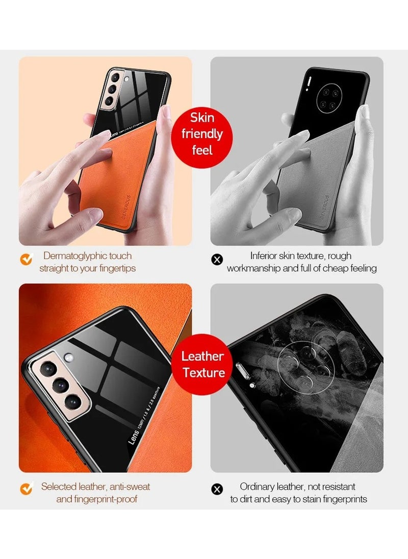 ماركة غير محددة - حافظة متوافقة مع Realme 5/C3/6i/C3i بغطاء جلدي وزجاجي فاخر مع حامل مغناطيسي للسيارة وغطاء هاتف بإطار ناعم من السيليكون (برتقالي) - Image 1