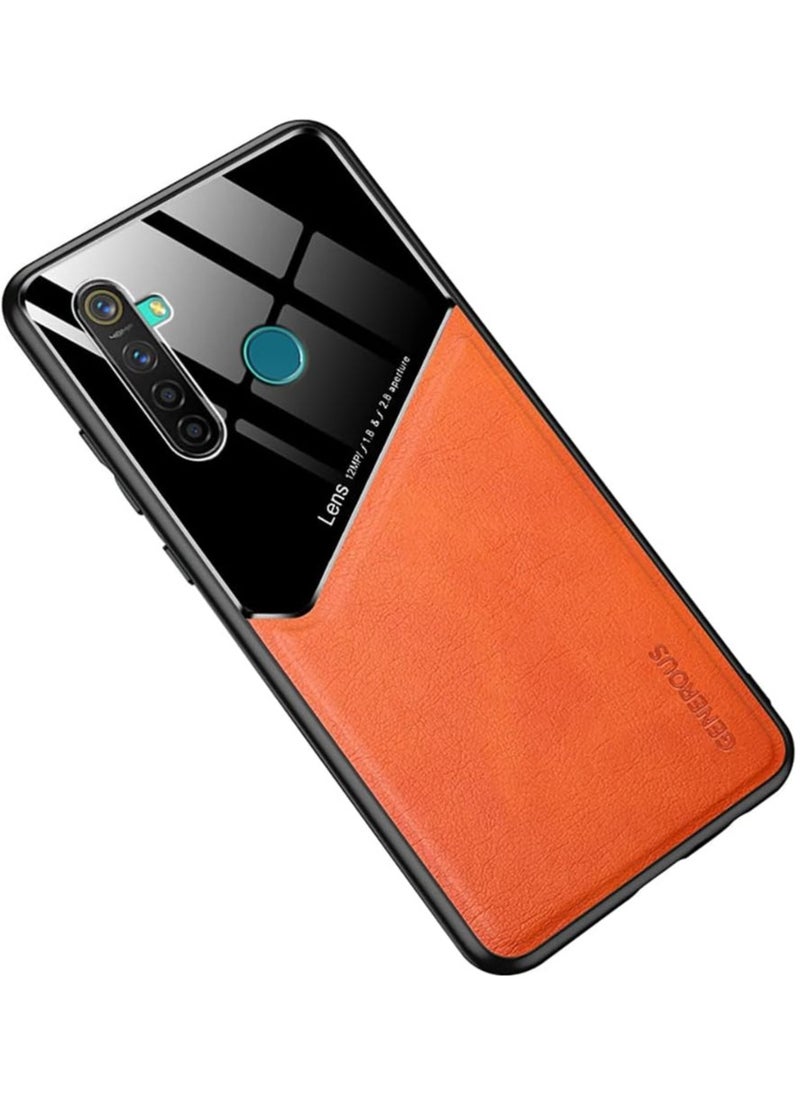 ماركة غير محددة - حافظة متوافقة مع Realme 5/C3/6i/C3i بغطاء جلدي وزجاجي فاخر مع حامل مغناطيسي للسيارة وغطاء هاتف بإطار ناعم من السيليكون (برتقالي) - Image 1