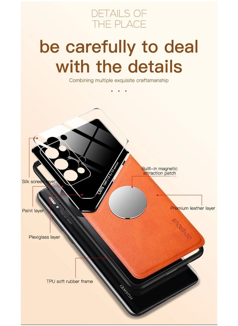 ماركة غير محددة - حافظة متوافقة مع Realme 5/C3/6i/C3i بغطاء جلدي وزجاجي فاخر مع حامل مغناطيسي للسيارة وغطاء هاتف بإطار ناعم من السيليكون (برتقالي) - Image 1