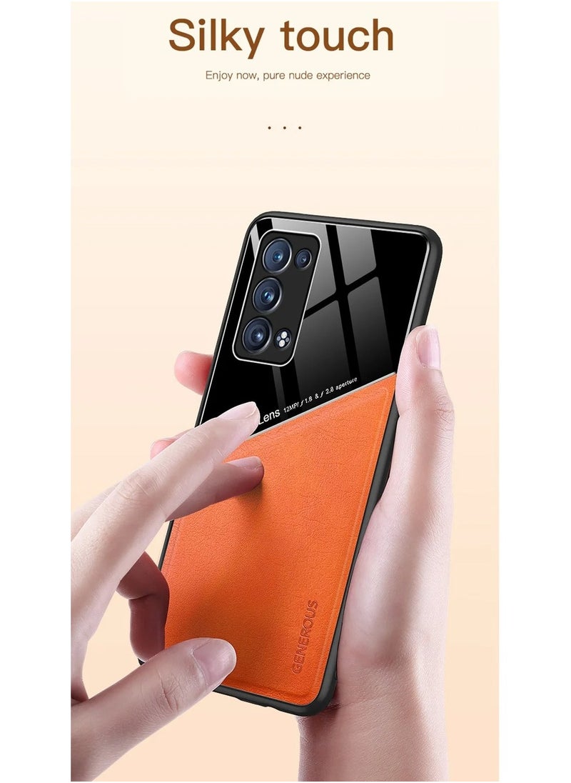 ماركة غير محددة - حافظة متوافقة مع Realme 5/C3/6i/C3i بغطاء جلدي وزجاجي فاخر مع حامل مغناطيسي للسيارة وغطاء هاتف بإطار ناعم من السيليكون (برتقالي) - Image 1
