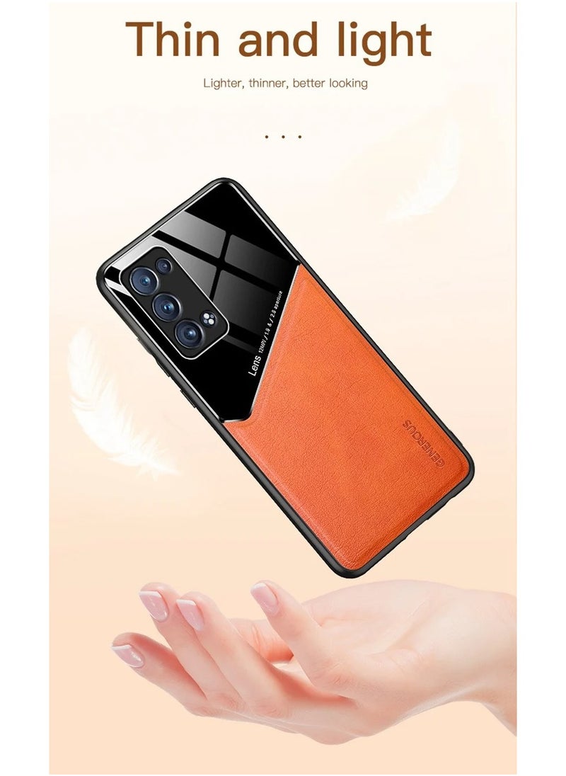 ماركة غير محددة - حافظة متوافقة مع Realme 5/C3/6i/C3i بغطاء جلدي وزجاجي فاخر مع حامل مغناطيسي للسيارة وغطاء هاتف بإطار ناعم من السيليكون (برتقالي) - Image 1