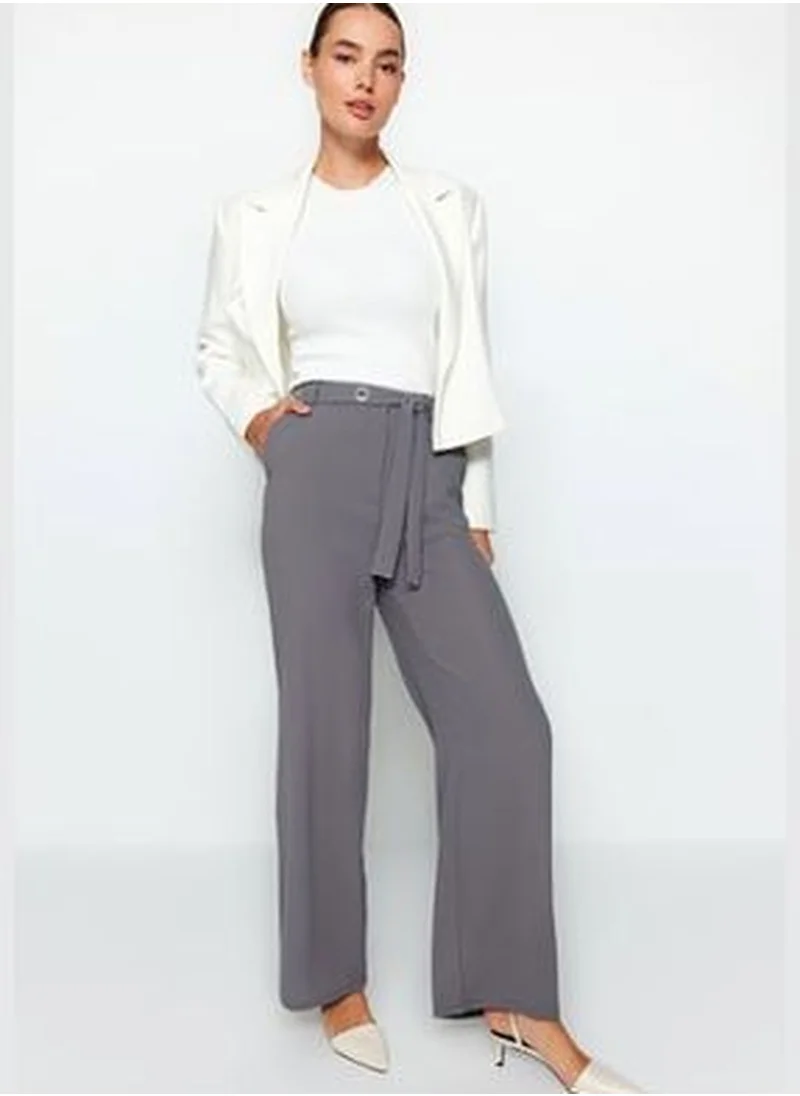 trendyol Anthracite Belted Straight Weave Trousers TWOAW24PL00040