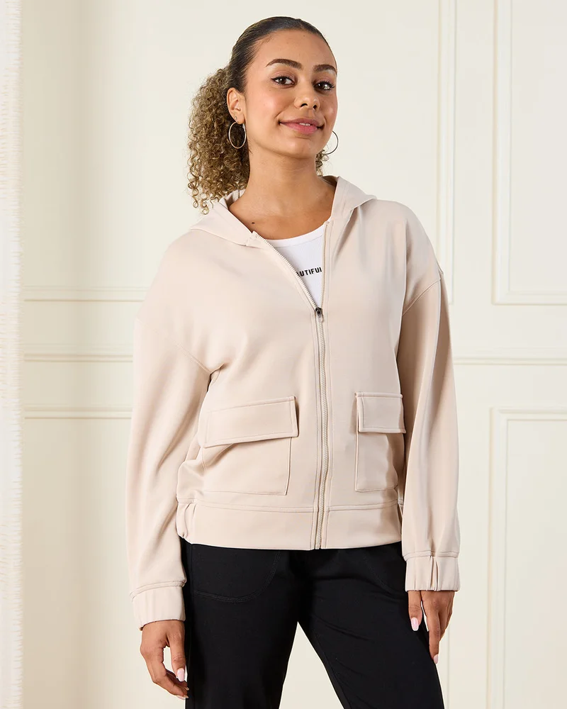Redtag Senior Girls Beige Zipper Front Hooded Sweatshirt