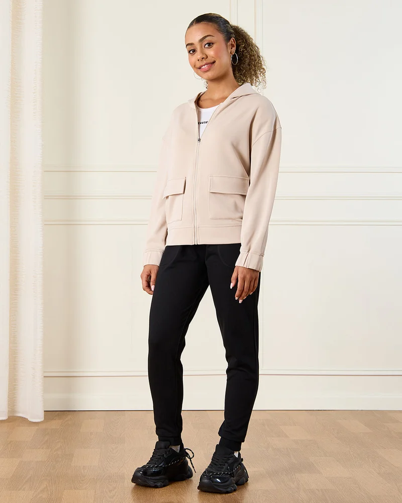 Redtag Senior Girls Beige Zipper Front Hooded Sweatshirt