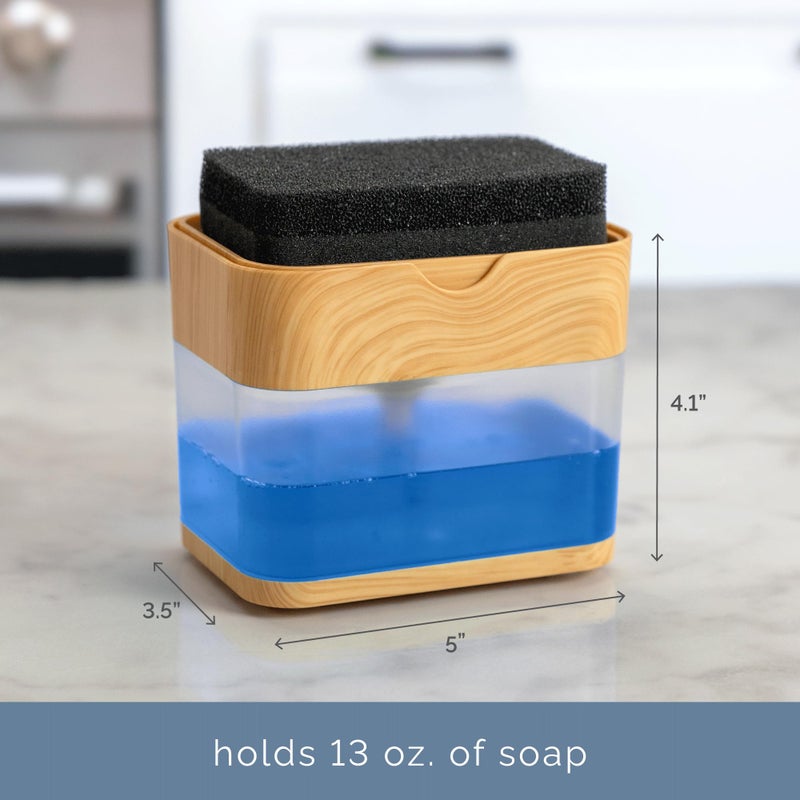 S&T INC. Dish Soap Dispenser and Sponge Holder for Kitchen Sink, Waterproof Labels and Sponge Included, 13 Ounces, Plastic, Bamboo - Image 4