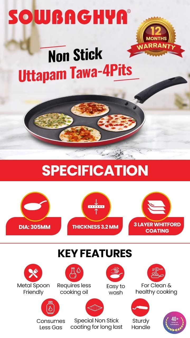 Sowbaghya Non Stick Uttappam Tawa(4Pits) - Red | 4 Cavities | Thickness: 3.2 mm | Dia: 305 mm | 3Layer Whitford Coating | Non Induction - Image 4