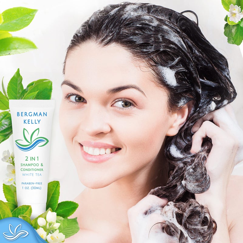 BERGMAN KELLY - Travel Size 2 in 1 Shampoo & Conditioner - 1 fl oz, 100 PK, White Tea - Delight Your Guests w/Revitalizing & Refreshing Shampoo Amenities, Quality Small Size Hotel Toiletries in Bulk - Image 5