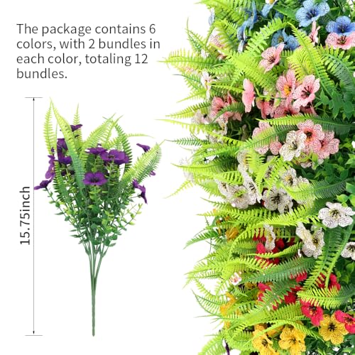 ZEOSTARO Artificial Outdoor Plants 12 Bundles Fake Boston Fern with Eucalyptus Flowers Faux UV Resistant Greenery Garden Window Box Porch Farmhouse Hanging Decor(Mix Flowers&Fern) - Image 3