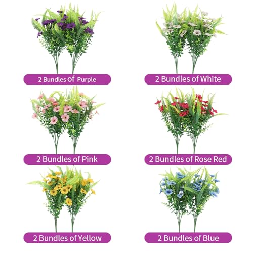 ZEOSTARO Artificial Outdoor Plants 12 Bundles Fake Boston Fern with Eucalyptus Flowers Faux UV Resistant Greenery Garden Window Box Porch Farmhouse Hanging Decor(Mix Flowers&Fern) - Image 4