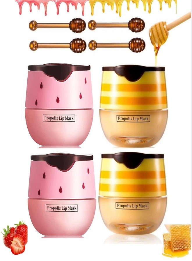 Biewals 4PCS Bee Lip Balm Honey Pot - Honey & Strawberry Mask With Brush, Moisturizing & Hydrating, Prevents Dry and Cracked Lips, Reduces Lines - Lip Care Product - Image 1