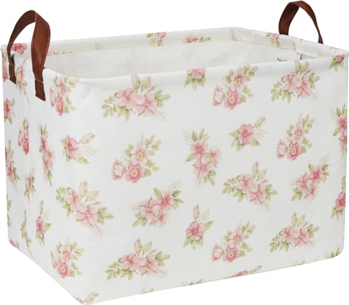NTAOHAMPER Rectangular Pink Flower Basket for Girls Storage Bin with Handles Room Decor Gift BasketPink Flower - Image 1