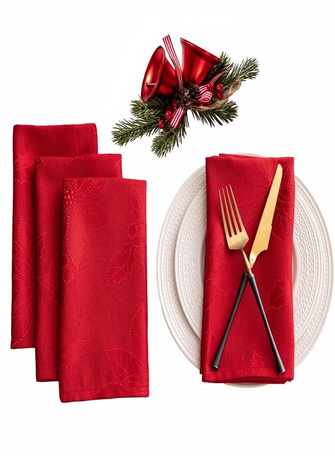Joyfol Day Red Christmas Cloth Napkins 18 x 18 Inch, Jacquard Fabric Winter Poinsettia Washable Napkins Set of 4, Countryside Florals Dinner Napkin for Xmas Party Decorations - Image 1
