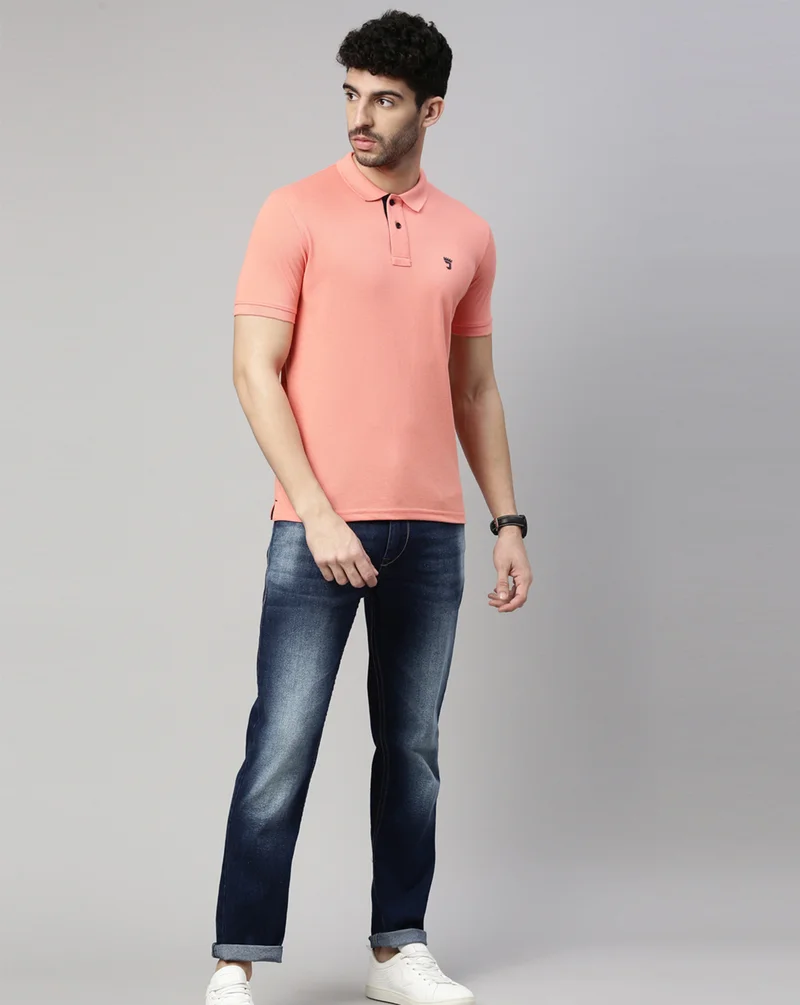 Joven Men Peach Solid Polo Collar Pure Cotton T-Shirt