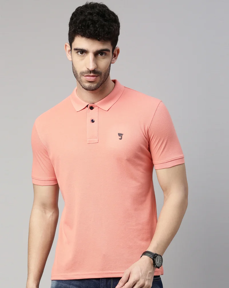 جوفن Men Peach Solid Polo Collar Pure Cotton T-Shirt