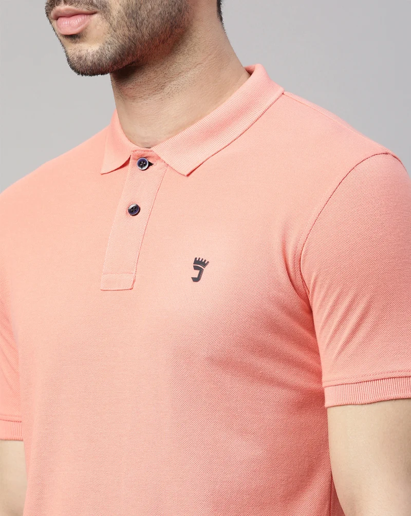 Joven Men Peach Solid Polo Collar Pure Cotton T-Shirt