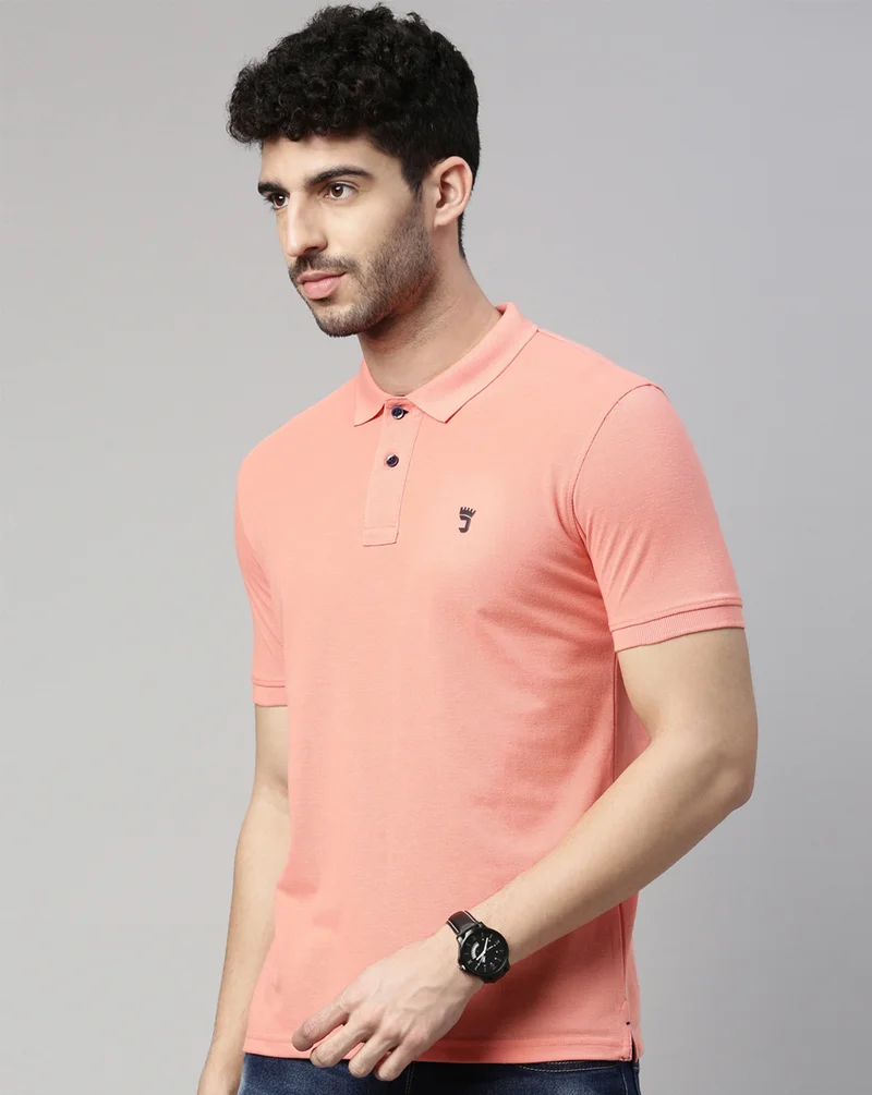 Joven Men Peach Solid Polo Collar Pure Cotton T-Shirt