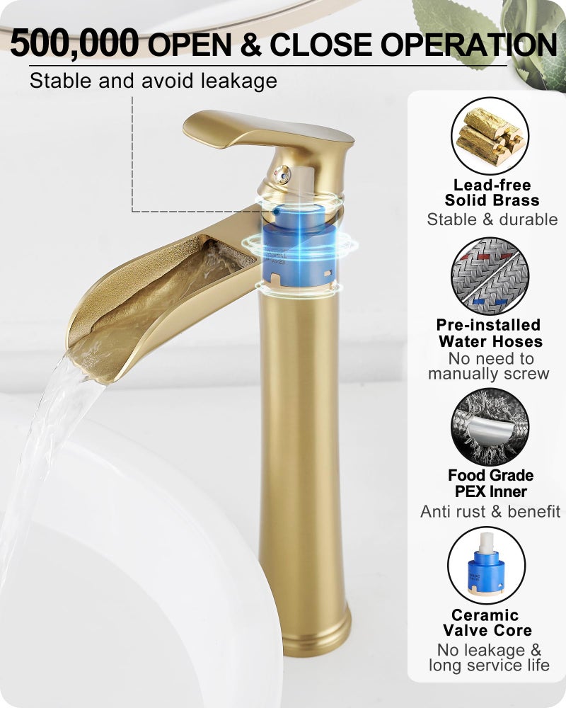 HOIGY Vessel Sink Faucet, Tall Brass Waterfall Bathroom Faucet 1 Handle Gold Faucets for Bathroom Vanity 1 Hole with Pop-Up Drain & Supply Hoses - Image 5