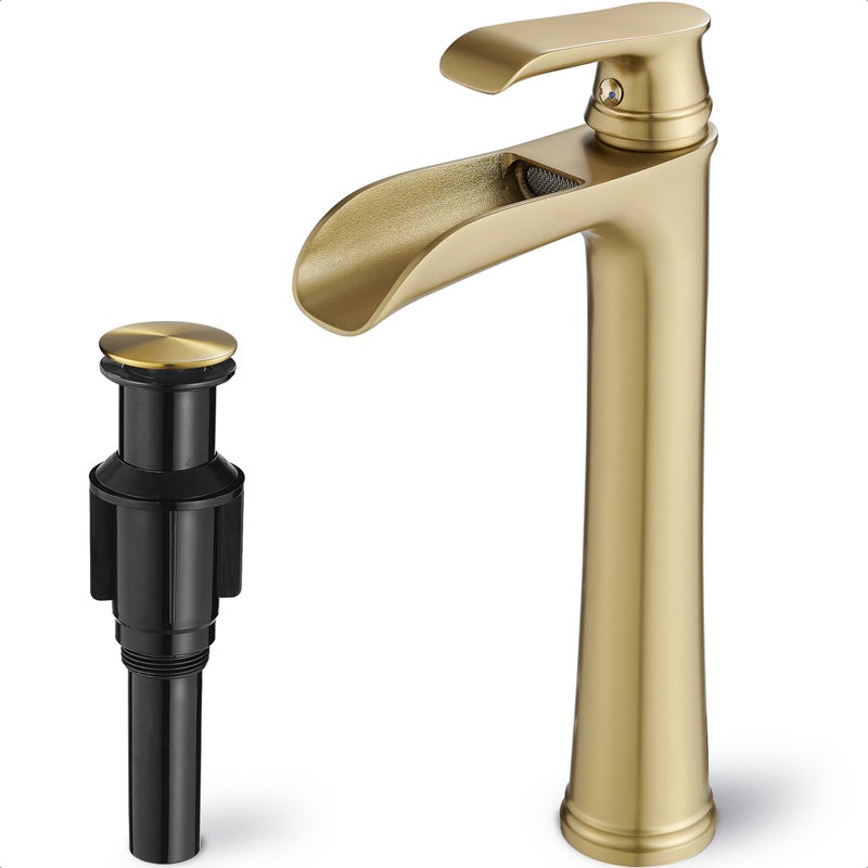 HOIGY Vessel Sink Faucet, Tall Brass Waterfall Bathroom Faucet 1 Handle Gold Faucets for Bathroom Vanity 1 Hole with Pop-Up Drain & Supply Hoses - Image 1