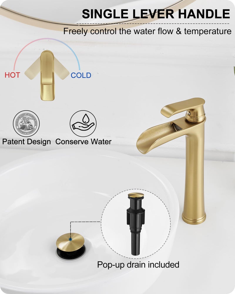 HOIGY Vessel Sink Faucet, Tall Brass Waterfall Bathroom Faucet 1 Handle Gold Faucets for Bathroom Vanity 1 Hole with Pop-Up Drain & Supply Hoses - Image 4