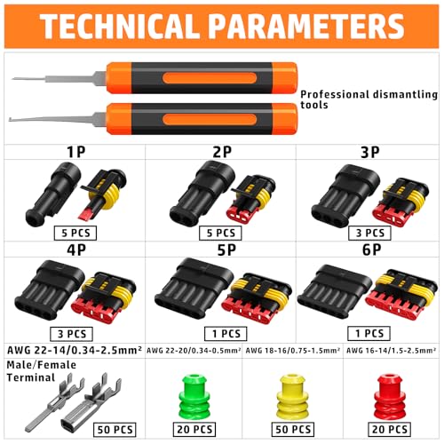 PEBA Waterproof Automotive Electrical Connectors Kit, Automotive Male/Female 1/2/3/4/5/6-Pin and Ratchet Crimping Tool AWG22-14, Ideal for Cars, Motorcycles & Boats | Wire Stripper, Pin Removal Tool - Image 5