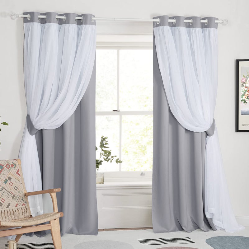 PONY DANCE Living Room Blackout Curtains  White Sheer Curtains with Light Block Drapes Window Elegant Decor 52 Wide per Piece 95 inches Long Silver Grey 2 PCs