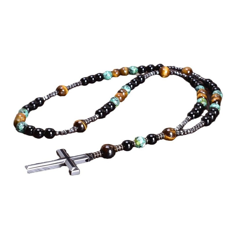 Nobby Cross-border Bestselling Natural Stone Black Obsidian Yellow Tiger Eye Iron Cross Religious Men's Necklace Hip-Hop Style - Image 5