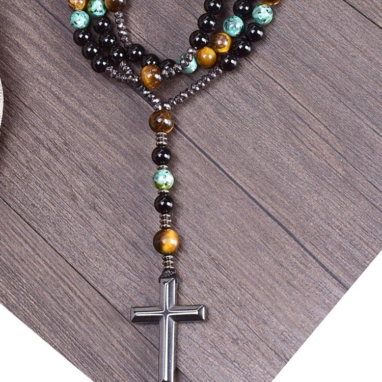 Nobby Cross-border Bestselling Natural Stone Black Obsidian Yellow Tiger Eye Iron Cross Religious Men's Necklace Hip-Hop Style - Image 2