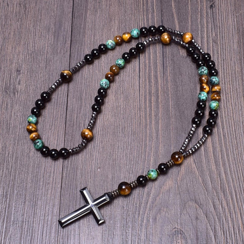 Nobby Cross-border Bestselling Natural Stone Black Obsidian Yellow Tiger Eye Iron Cross Religious Men's Necklace Hip-Hop Style - Image 1