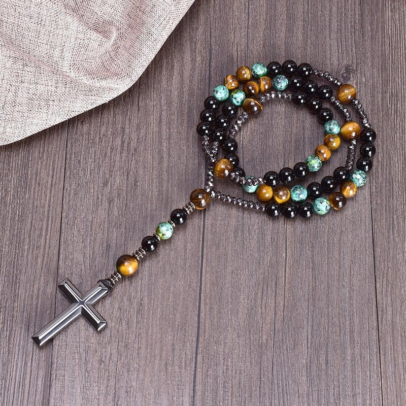 Nobby Cross-border Bestselling Natural Stone Black Obsidian Yellow Tiger Eye Iron Cross Religious Men's Necklace Hip-Hop Style - Image 4