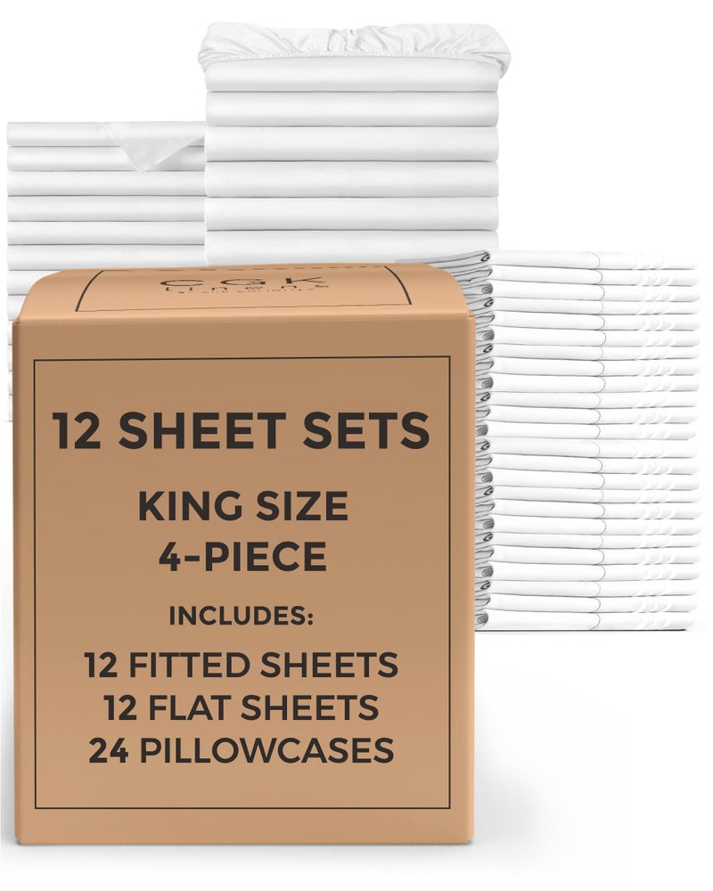 CGK Unlimited Bulk Case Pack of 12 Sheet Sets  12 Complete Sheet Sets  Bulk King Bedding  Wholesale Case Pack for Hotels Spa  Airbnbs  Deep Pocket Fade  Wrinkle Free  Cooling  Breathable  King White