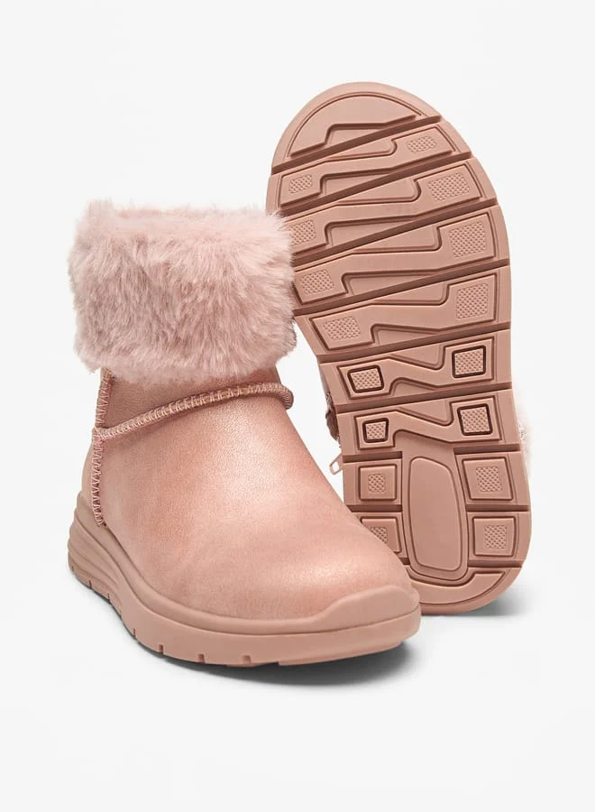 JUNIORS Girls Faux Fur Textured Low Ankle Boots with Zip Closure