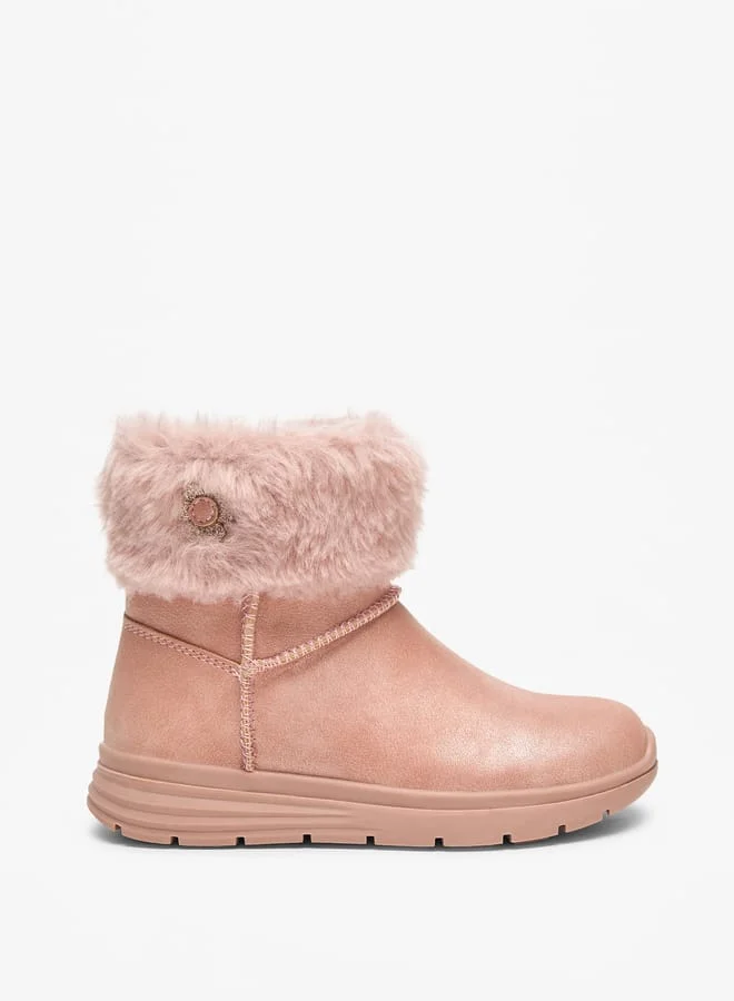JUNIORS Girls Faux Fur Textured Low Ankle Boots with Zip Closure