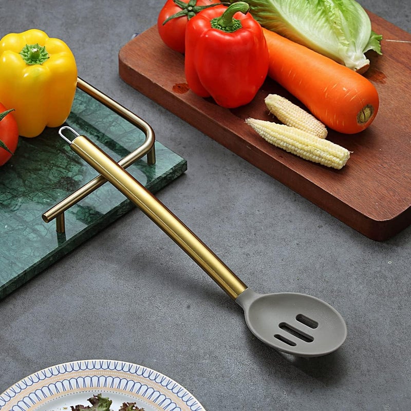 Berglander Non-stick Silicone Slotted Spoon, Titanium Gold Plated Handle, Basting Spoon, Dishwasher Safe, Easy to Clean - Image 3