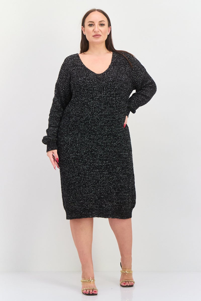 Black Tape Women Plus Size Knitted Sweater Dress, Black  - Image 1