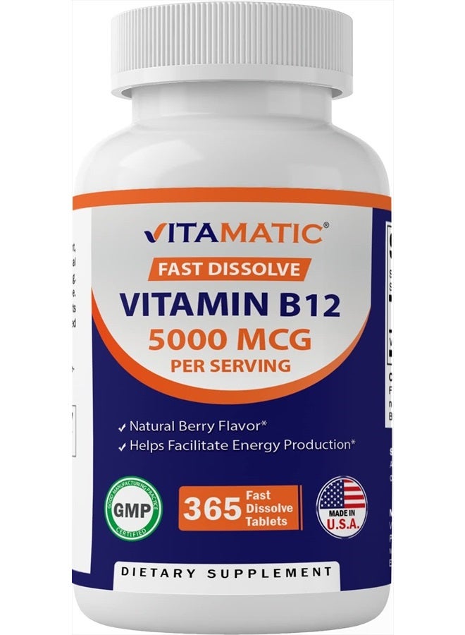 Vitamatic Vitamin B12 5000 mcg per Serving Fast Dissolve 365 Tablets - Berry Flavor - Supports Energy Metabolism - Image 1