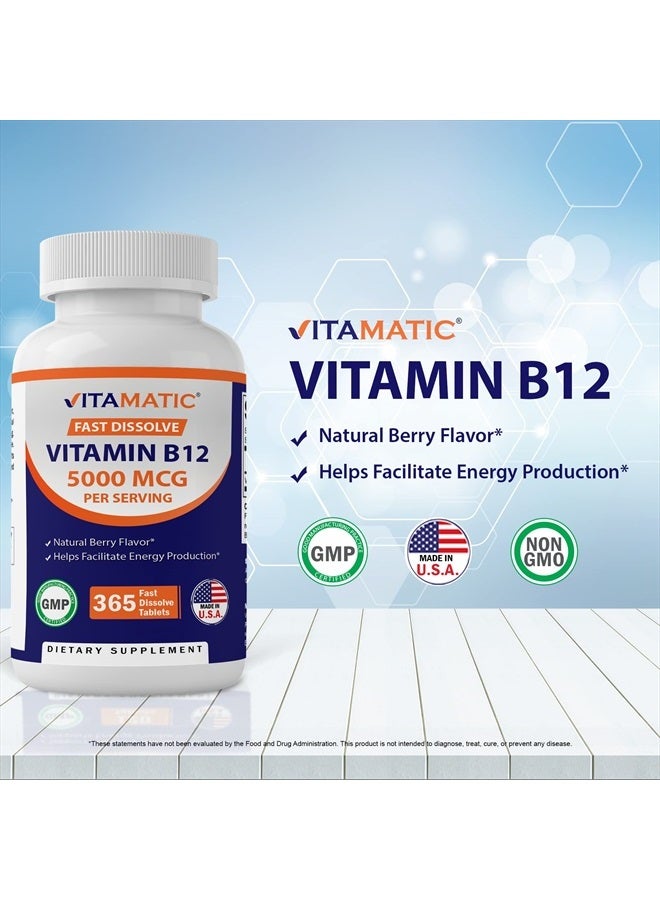 Vitamatic Vitamin B12 5000 mcg per Serving Fast Dissolve 365 Tablets - Berry Flavor - Supports Energy Metabolism - Image 3