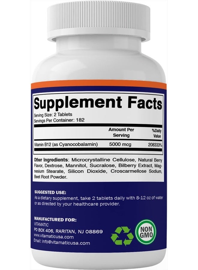Vitamatic Vitamin B12 5000 mcg per Serving Fast Dissolve 365 Tablets - Berry Flavor - Supports Energy Metabolism - Image 5