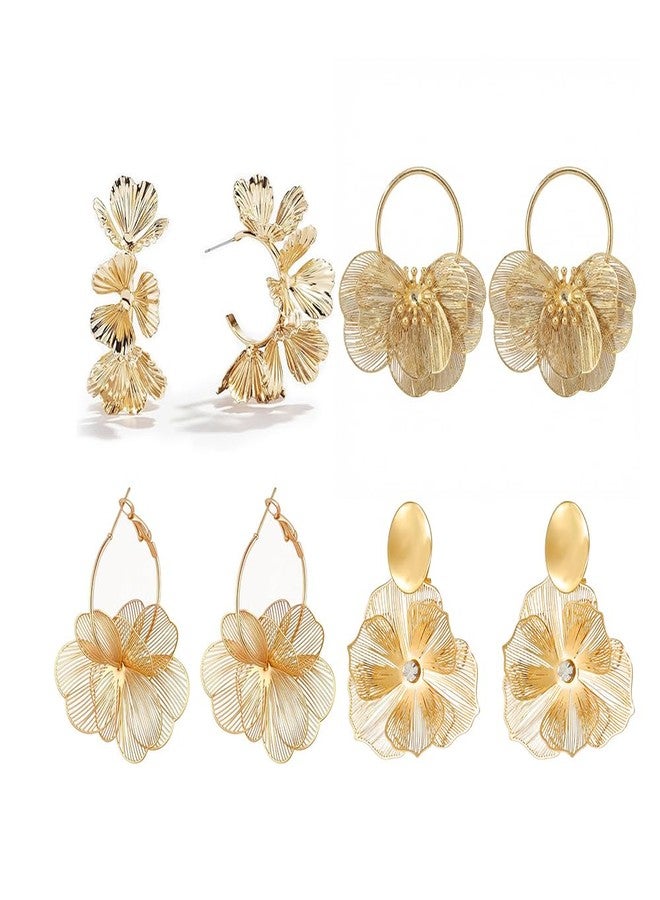 4 أزواج من الأقراط الذهبية المزينة بالزهور للنساء، أقراط حلقية كبيرة وعصرية مزينة بالزهور، طقم مجوهرات (أقراط ذهبية مزينة بالزهور) - Image 1