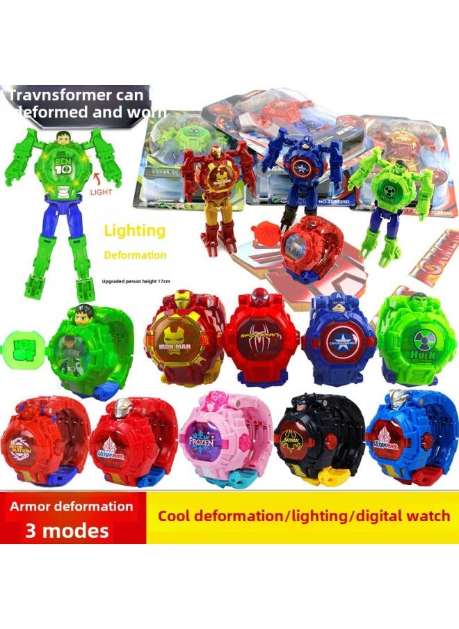 Generic - Projection Ultraman Avengers League Of Legends Transformation Light Electronic Deformation Watch Children's Watch Toys Gifts-Color:3025 Blue Ultraman Transformation [24 Picture Projection + Time] - Image 1